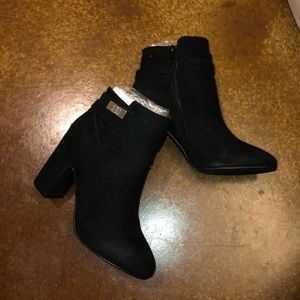 Black heel booties w/ wrap buckle detail
